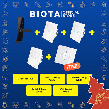 BIOTA PARCEL NATAL DAN TAHUN BARU - Paket 9 - Smart Door Lock Plus + Smart Wall Switch 1 Gang White + 2 Gang White + 3 Gang White + [Free] Smart Wall Socket White