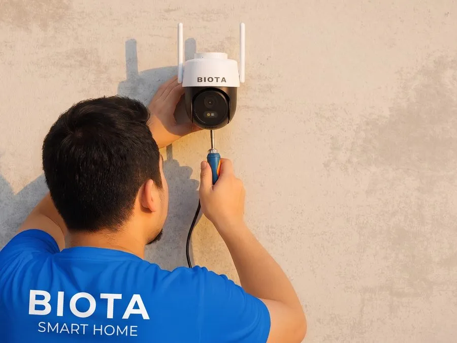 Teknisi BIOTA memasang kamera di luar rumah